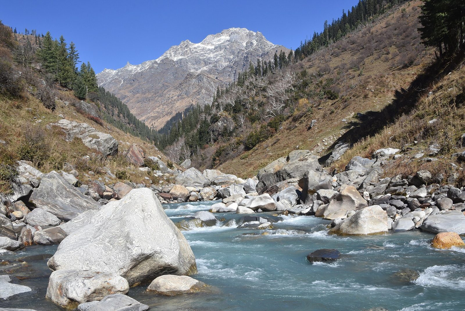 Parvati River flowing through its Himalayan valley