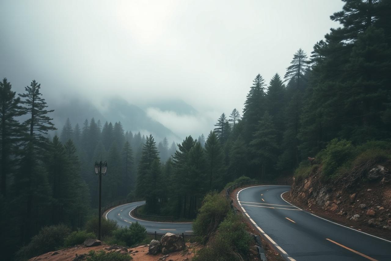 Winding mountain road through pine forest in Himachal Pradesh