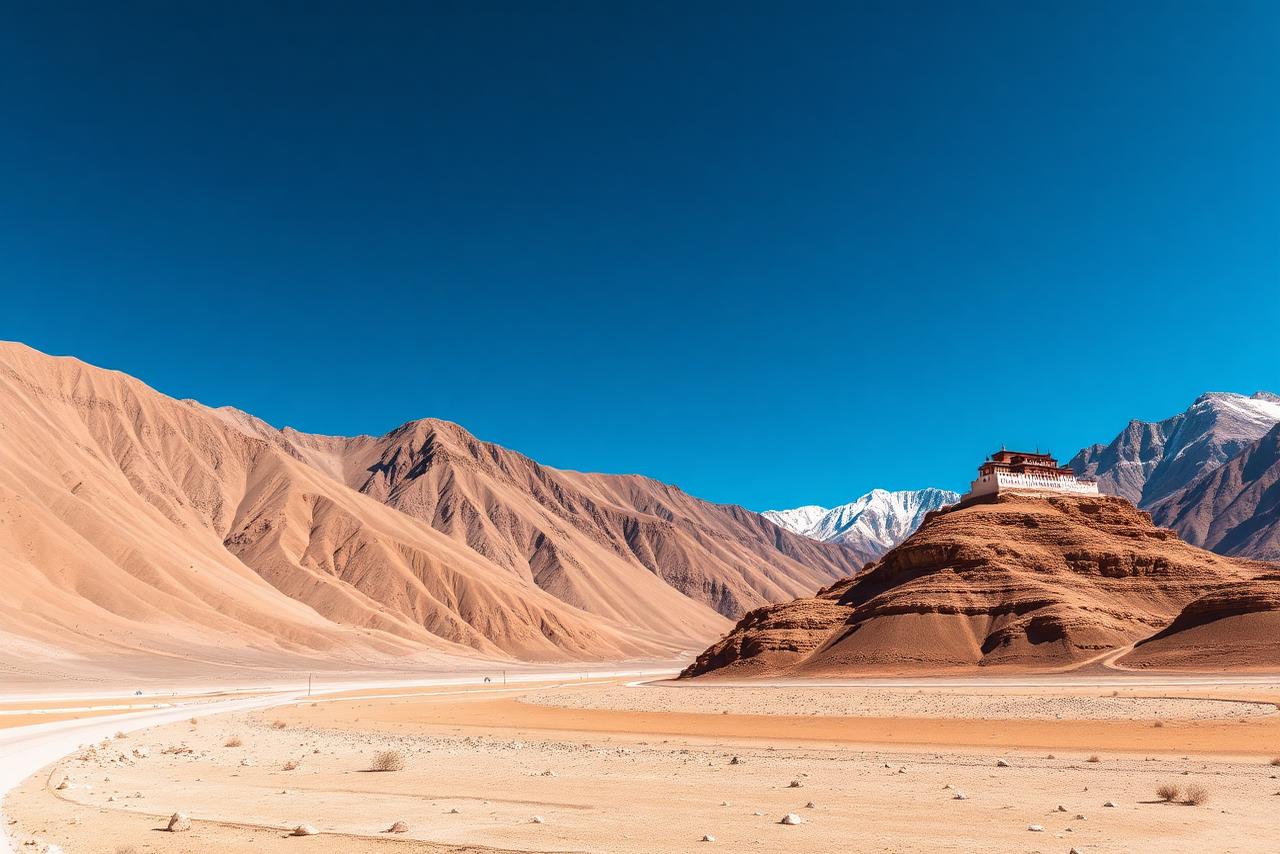 Monastery on a ridge in the cold desert of Spiti Valley